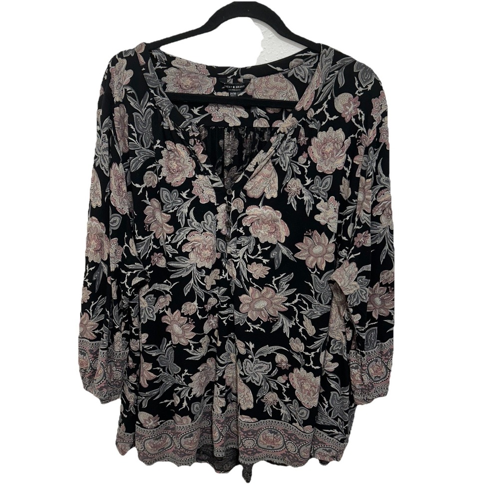 Lucky Brand Womens Artsy Boho Dark Floral V Neck Top Size 3X Black 3/4 Sleeve